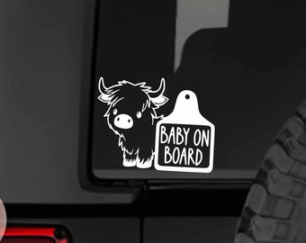 Highland Cow Baby On Board Decal - Kids On Board - Newborn Gift - Newborn Safety - New Mom - Car Bumper Sticker - Baby Shower Fluffy Cow
