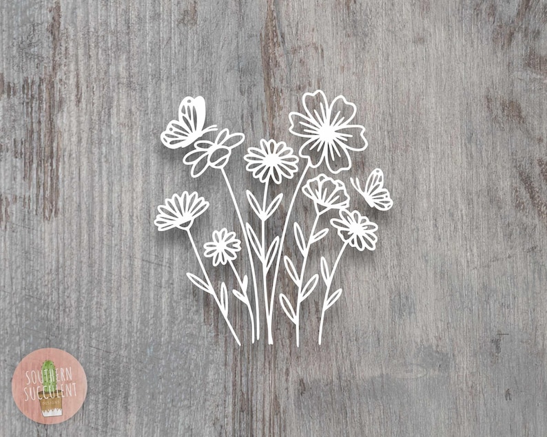Wildflower and Butterfly Decal - Boho Nature Vinyl Sticker - Aesthetic Car Laptop Decal - Gardeners or Nature Lovers Gift - Cottagecore afbeelding 2