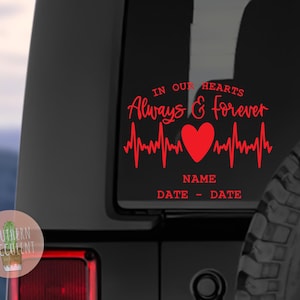 In Our Hearts Always & Forever in Memory Decal - Memorial Decal - Memorial Heart Sticker - In Memory Car Decal - In Loving Memory - Window