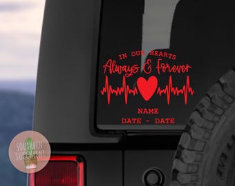 In Our Hearts Always & Forever in Memory Decal - Memorial Decal - Memorial Heart Sticker - In Memory Car Decal - In Loving Memory - Window