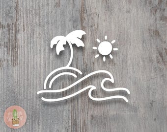 Beach Decal - Sun Decal - Wave and Sun Decal - Wave Decal - Ocean Sticker - Palm tree - Laptop Decal - Sunshine Sticker - Beach Vibes Decal