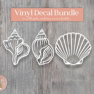 May include: White vinyl decal bundle featuring three seashell designs: a conch, a spiral shell, and a scallop shell. The text "Vinyl Decal Bundle" is displayed above the shells, with "multiple colors available" below. The decals are on a gray wood-grain background.