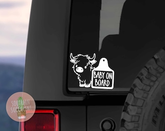 Highland Cow Baby On Board Decal - Kids On Board - Newborn Gift - Newborn Safety - New Mom - Car Bumper Sticker - Baby Shower Fluffy Cow