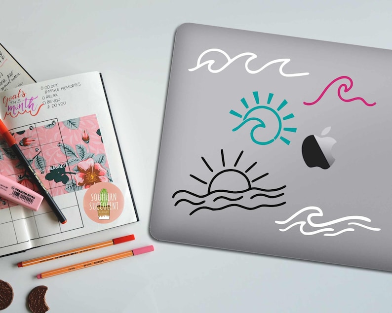 Vinilo decorativo de sol y olas - Pegatina de vinilo estilo boho playero - Vinilo minimalista para coche - Ola costera - Estética de playa y océano - Vinilo sencillo para coche - Luz del sol imagen 3