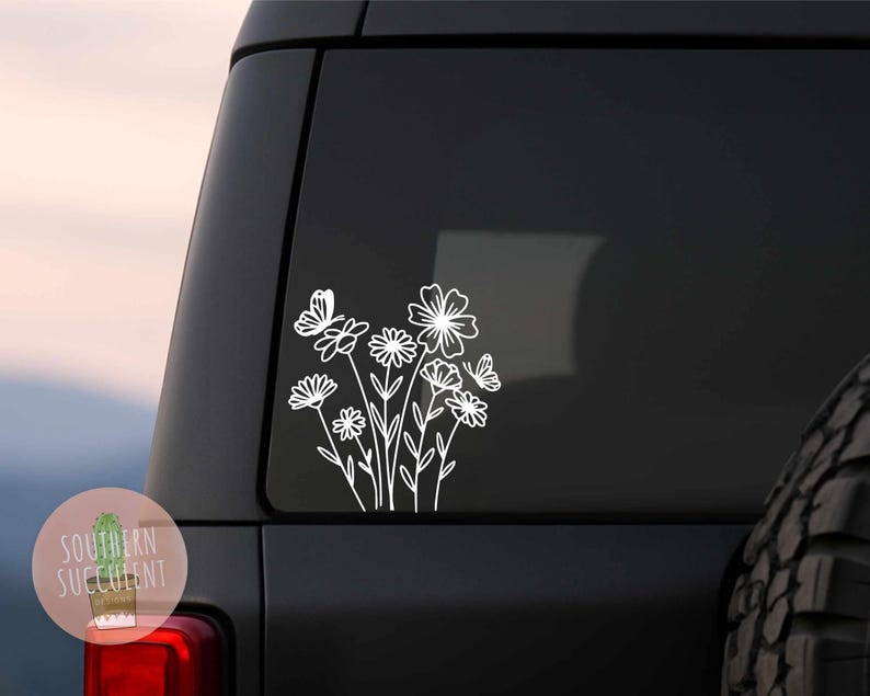 Wildflower and Butterfly Decal - Boho Nature Vinyl Sticker - Aesthetic Car Laptop Decal - Gardeners or Nature Lovers Gift - Cottagecore afbeelding 1