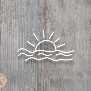 May include: A white line art graphic featuring a semi-circle sun rising above three wavy horizontal lines representing water. The design is centered and minimalist, showcasing a clear, simple depiction of a sunrise over the ocean waves.