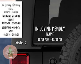 Calcomanía personalizada "En memoria de" - Calcomanía conmemorativa - Pegatina conmemorativa - Calcomanía para coche "En memoria de" - Calcomanía para ventana - Nombre conmemorativo para coche
