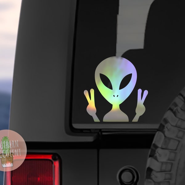 Holographic Alien Sticker - Holographic UFO - Alien Peace Sticker - Alien Car Decal - Alien Sticker - Alien Car Decal - UFO - Space Sticker