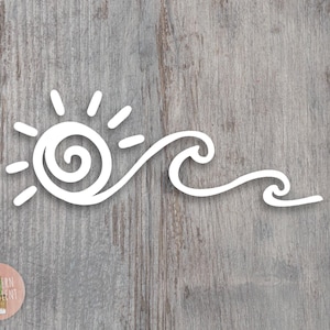 May include: A white vinyl decal featuring a stylized sun with a spiral center and radiating rays, connected to a continuous flowing ocean wave design. The graphic is composed of smooth, clean lines and is presented as a single flat element.