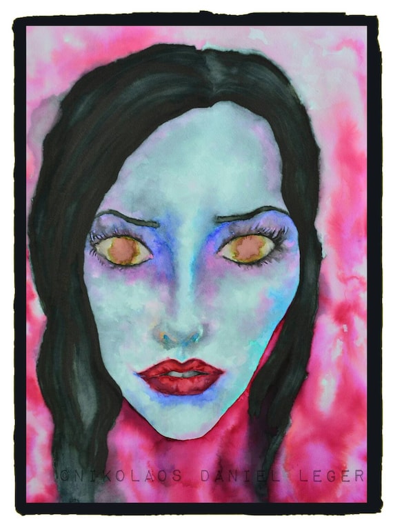 Watercolor Portrait of Actress Famke Janssen Painting titled A New Way To  Bleed by Nikolaos Daniel Leger Unique Surreal Fine Art
