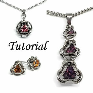 May include: A set of jewelry featuring a pendant necklace and earrings. The pendant is a silver chain with three silver triangle-shaped charms with a purple, pink, and red gemstone in each. The earrings are silver with a triangle-shaped charm with an orange gemstone. The image includes the word "Tutorial".