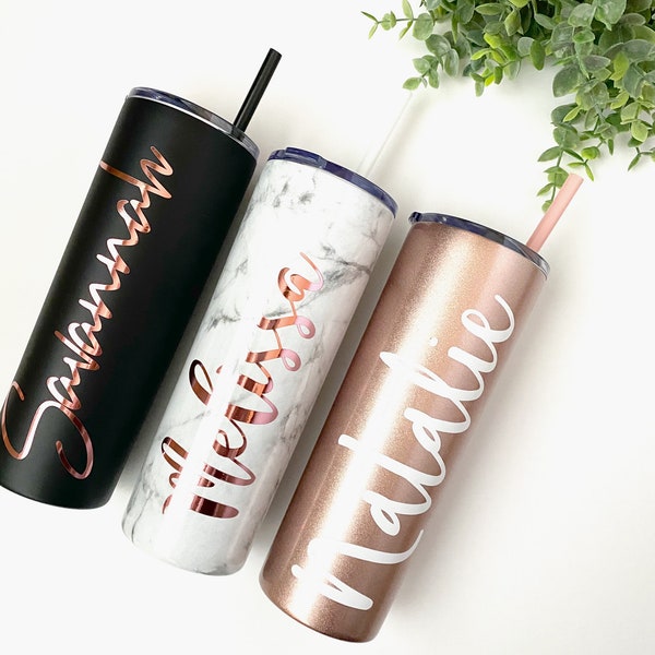 Tall Skinny Tumbler Stainless Steel Personalized Skinny Tumbler Custom 20 oz Fits in cup holder marble and rose gold