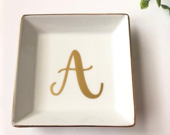 Ring Dish, Gift Personalized Initial Letter Jewelry Holder Vinyl Decal Letter, Gold Lettering for Bridesmaid Gift or Bride