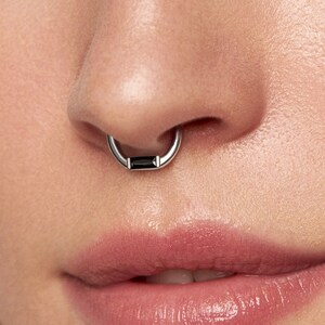 Black Zircon Septum Ring Modern Nose Ring Body Jewelry Sterling Silver Edgy Style 14g 16g Gift for Her - BSE047