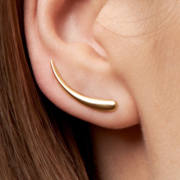 Ear Climber Gold Minimalist Sterling Silver Ear Cuff Crescent Moon Earrings Celestial Jewelry Ear Jacket Modern Jewelry - FES007