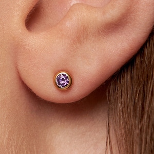 Amethyst CZ Stud Earrings • February Birthstone Earrings • 3mm Minimalist Small Stud Earrings • Silver Gold Simple Bezel Earrings - CST016