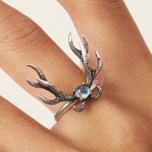Deer Antler Ring Moonstone and Sterling Silver Adjustable Ring Boho Jewelry  Gift for Her - FRI011