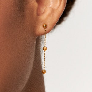 Double Ball Earrings Long Drop Ball Earrings Gold Ball Threader Earrings Silver Chain Dangle Earrings Gift for Her CST025 image 1