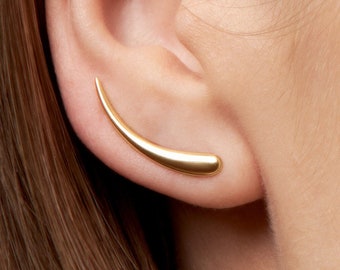 Ear Climber Gold Minimalist Sterling Silver Ear Cuff Crescent Moon Earrings Celestial Jewelry Ear Jacket Modern Jewelry - FES007