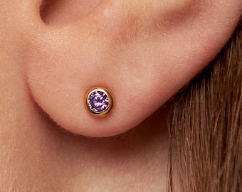 Amethyst CZ Ohrstecker • Februar Geburtsstein Ohrringe • 3mm Minimalist Kleine Ohrstecker • Silber Gold Einfache Lünette Ohrringe - CST016