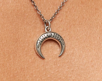 Crescent Moon Necklace Double Horn Sterling Silver Charm Tusk Horns Boho Jewelry  Gift for Her - FPE021