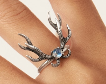 Deer Antler Ring Moonstone and Sterling Silver Adjustable Ring Boho Jewelry  Gift for Her - FRI011