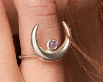 Crescent Moon Ring Moon Phase Ring Sterling Silver Ring Celestial Moonstone Ring Boho Jewelry Gift for Her - FRI014