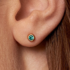 Emerald Green CZ Stud Earrings May Birthstone Earrings 3mm Minimalist Small Stud Earrings Silver Gold Simple Bezel Earrings CST016 image 1