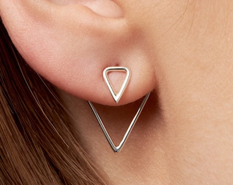 Triangle Ear Jacket Earring · Sterling Silver Geometric Earrings · Triangle Studs · Minimalist Jewelry · Gift for Her - JKT011