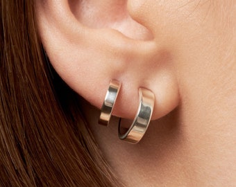 Band Hoop Earrings • Sterling Silver Small Stud Huggie Earrings • Minimalist Modern Jewelry • Snug Fit Hoop Earrings • Everyday Use - MHP021