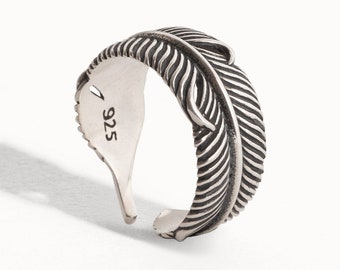 Feather Ring Sterling Silver • Mystic Feather Adjustable Wrap Ring • Angel Feather Band • Southwest Boho Jewelry Gift for Him Her - FRI002