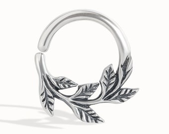 Leaves Septum Ring Nose Ring Body Jewelry Sterling Silver Bohemian Fashion Indian Style 14g 16g 18g Gift for Her - BSE036