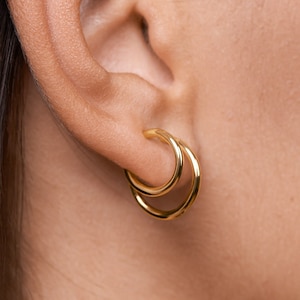 Double Hoop Earrings Gold Filled 14K & Silver Huggie Hoop Earrings Minimalist Twin Hoops Fake Double Piercing Gift for Mom CST032 image 1