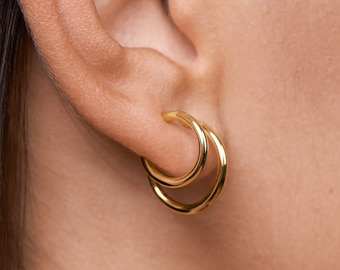 Double Hoop Earrings • Gold 24K & Silver Huggie Hoop Earrings • Minimalist Twin Hoops • Fake Double Piercing  • Gift for Mom - CST032