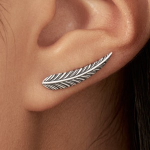 Feather Ear Climber Sterling Silver Ear Cuff Boho Earrings Silver Earrings Modern Jewelry Gift for Her Gift for Her FES018 image 1