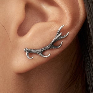 Sterling Silver Ear Cuff Earrings Antler Deer Earpin Boho Ear Crawler Wrap Earring Bohemian 925 Jewelry Gift - FES006