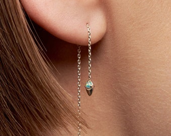Opal Threader Earrings • Silver Dangle Earrings • White & Turquoise Opal Chain Earrings • Pendulum Drop Threader Earring - CHN009