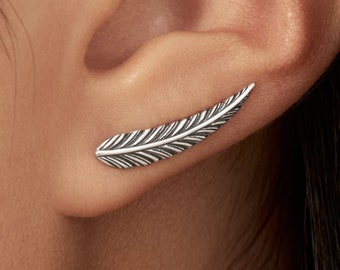 Feather Ear Climber Sterling Silver Ear Cuff Boho Earrings Silver Earrings Modern Jewelry Gift for Her  Gift for Her Christmas Gift - FES018