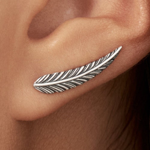 Feather Ear Climber Sterling Silver Ear Cuff Boho Earrings Etsy