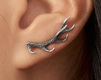 Sterling Silver Ear Cuff Earrings Antler Deer Earpin Boho Ear Crawler Wrap Earring Bohemian 925 Jewelry Gift - FES006