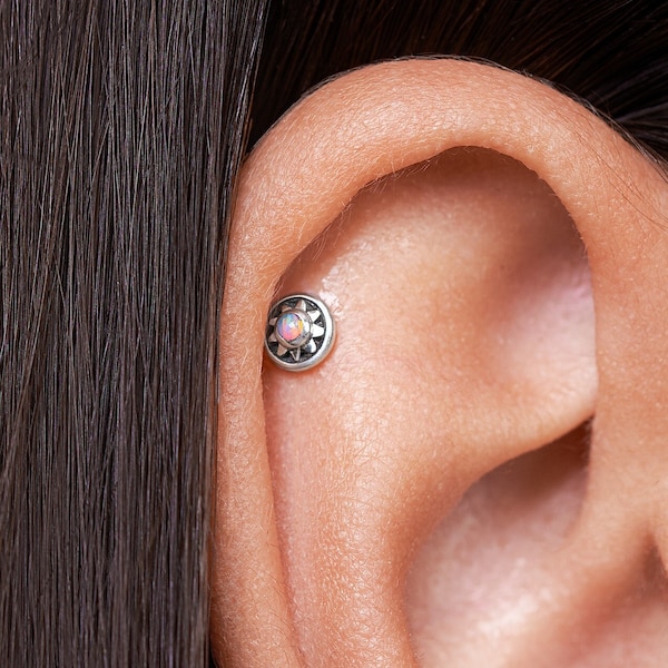 Fire Opal Cartilage Earring • Flat Back Stud Earring • Sterling Silver 16G Internally Threaded Labret Stud • Opal Piercing Jewelry - CRT011