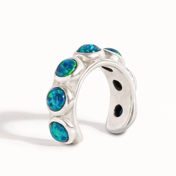 Sterling Silver Ear Cuff Earring Light Blue Opal Stones Inlay Ear Wrap Earrings Modern Jewelry  Gift for Her - ECU009