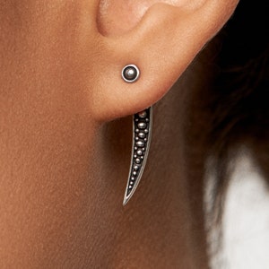 Goth Spikes Ear Jacket Earrings • Dark Silver Stud Earrings • Silver Claw Dangle Earrings • Cyberpunk Drop Earrings Gift for Her - JKT003