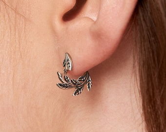 Leaf & Flower Earrings Ear Jacket · Sterling Silver Ear Cuff Earrings · Flower Dangle Earrings · Lotus Flower Jewelry  Gift for Her - JKT005