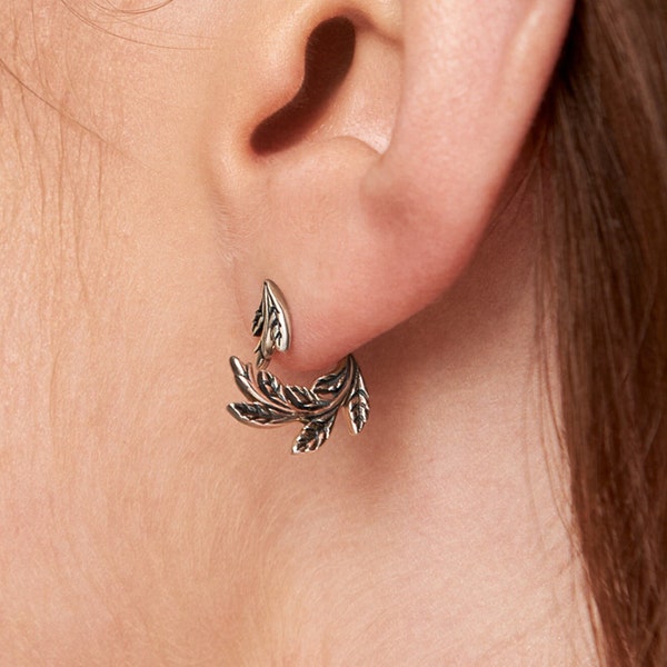 Leaf & Flower Earrings Ear Jacket · Sterling Silver Ear Cuff Earrings · Flower Dangle Earrings · Lotus Flower Jewelry  Gift for Her - JKT005