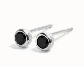 Black CZ Stud Earrings • 3mm Minimalist Small Stud Earrings • Silver Gold Simple Bezel CZ Earrings • Solitaire Round Cubic Zirconia - CST016