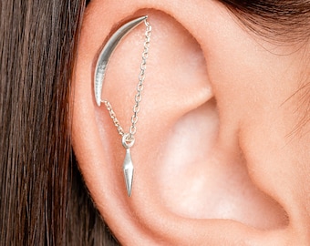 Top Helix Chain Piercing •  Hanging Pendulum Helix Earring • Crescent Moon Cartilage Earring • 18G 16G • Silver Hidden Helix - CRT012