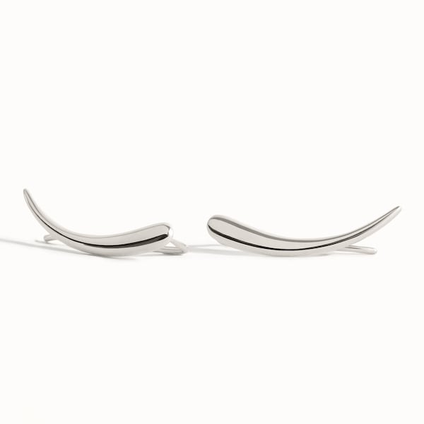 Silver Ear Climber Minimalist Earrings Crescent Moon Sterling Shine Ear Cuff Earrings Modern Jewelry Gift 14K Ear Wrap - FES007