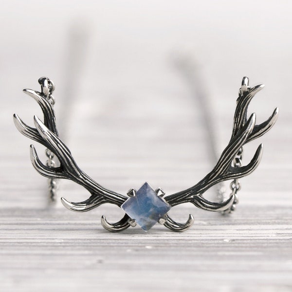 Deer Geweih Mondstein Halskette Sterling Silber Statement Halskette Charm Hörner Boho Schmuck Schmuck Elch Hirsch Halskette - FPE017