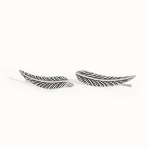 Ear Climber Gold Sterling Silver Ear Cuff Feather Ear Climber Boho Earrings Modern Jewelry Gift for Her FES018 Silver Oxidized 925
